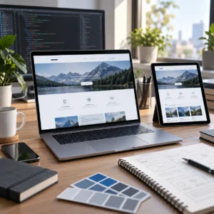 Photorealistic laptop and responsive website design workspace for web development service