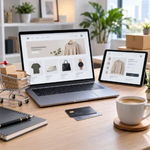 Photorealistic e-commerce website setup workspace for WooCommerce store development service