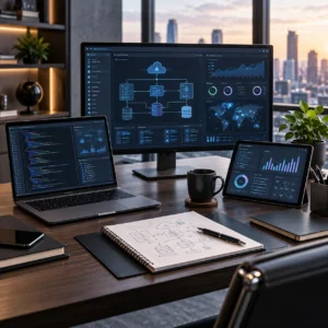 Photorealistic software development dashboard workspace for custom IT consultancy service